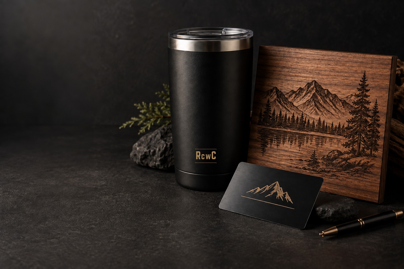 Black tumbler with RcwC engraving in a concept studio arrangement
