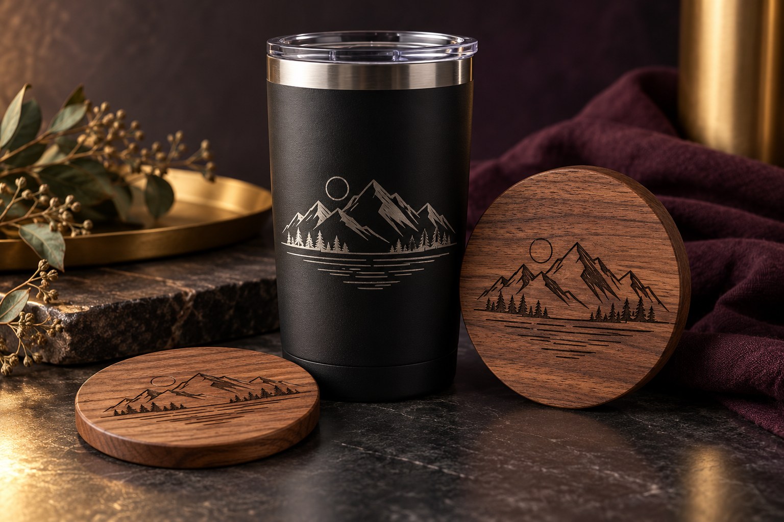 Product mockup of a laser-engraved black tumbler and two walnut coasters